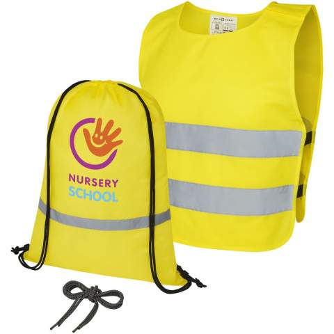 Complete safety and visibility set for children aged 7 to 12 years. This back-to-school giveaway set contains a reflective drawstring backpack, safety vest, and a set of reflective shoelaces. The reflective backpack has a large compartment with drawstring closure and is tested and certified under regulation EN 1150:1999. The high visibility vest in XS size is suitable for children aged 7-12 years with a height between 104-121 cm. Large decoration area on the front and on the back of the vest. On the shoulder and the bottom elastic bands there are hook & loop closures, that offers extra safety and makes the vest easy to put on. The elastic bands on the other side makes it stretchable allowing for easy wearing on thick coats. The vest is tested and certified under regulation EN 1150:1999. It also adheres to the PPE guidelines on application of Regulation (EU) 2016/425 Personal Protective Equipment Category II. The reflective shoelaces are 80 cm long with sturdy ends on both sides for easy placing into any shoe.