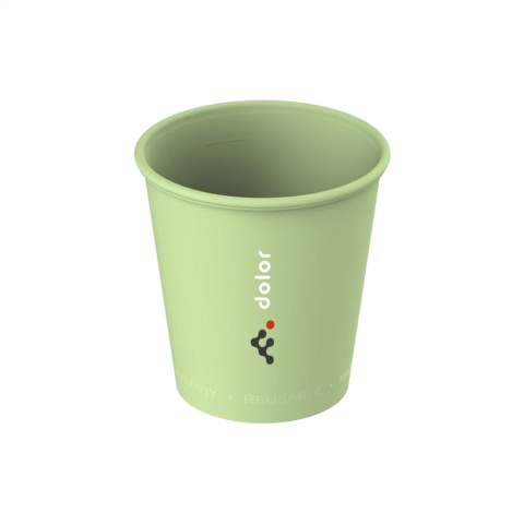 Reusable drinking cup made from plastic. Excellent for use as a standard reusable cup with a coffee machine.   The perfect alternative to the disposable coffee cup. By switching to a reusable cup, billions of fewer cups end up in the waste. This beautiful cup is 100% recyclable, BPA-free and stackable. Capacity 200 ml. Made in Germany