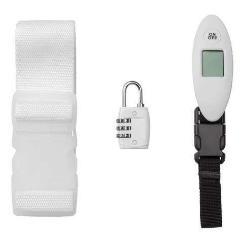 Be well prepared for your next trip. Say goodbye to excess baggage fees with the luggage scale and keep your belongings safe with the pad lock and luggage strap.
