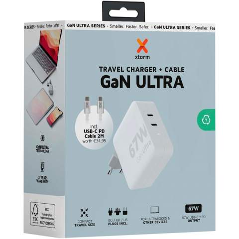 The 67W GaN Ultra travel charger is designed to be more compact and powerful than ever before. With its compact design and dual-port functionality, this travel charger is perfect for your travels, office, or home. With the included EU, UK, and US, AC plug options and the 100W USB-C PD cable (2 metres), you have everything you need to charge your devices all over the world!