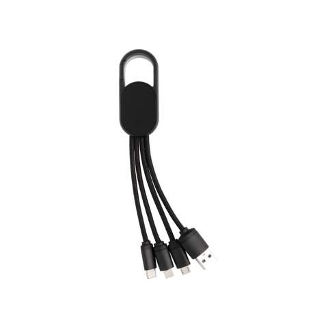 Câble de chargement 4 en 1 en ABS. Prise d'entrée USB et pour la sortie : connecteur double face pour les appareils IOS, micro USB et sortie de type C. Câbles en nylon tressé de 10 cm de long. Supporte une charge jusqu'à 2,1A.