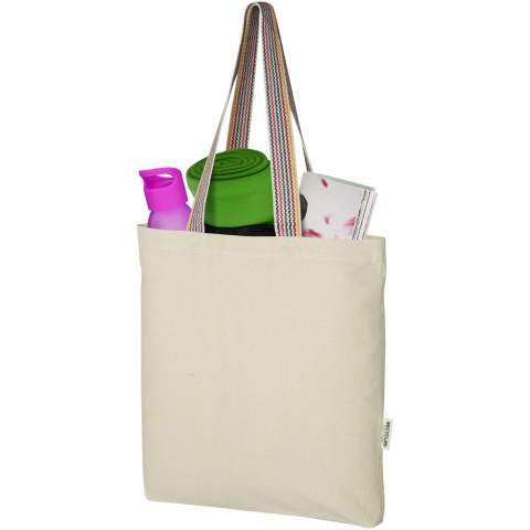 The Rainbow 180 g/m² tote bag is an instant upgrade to the regular cotton tote. Made from pre-consumer recycled cotton, this grocery tote features 25 cm rainbow webbing grab handles, and a 3.5 cm gusset bottom for a bit more storage room. Resistance up to 5 kg weight.