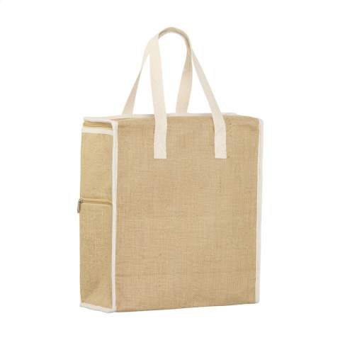 WoW! Keep your food and drinks cool during a day out in this very spacious cool bag. This durable cool bag made from a combination of sturdy jute and cotton material with insulated inner. This bag has a zip closure and front pocket offering extra storage space. These extra pockets are handy for storing things that don't need to be cooled, such as your phone or wallet. Supplied with woven cotton handles. Capacity approx. 24 litres.