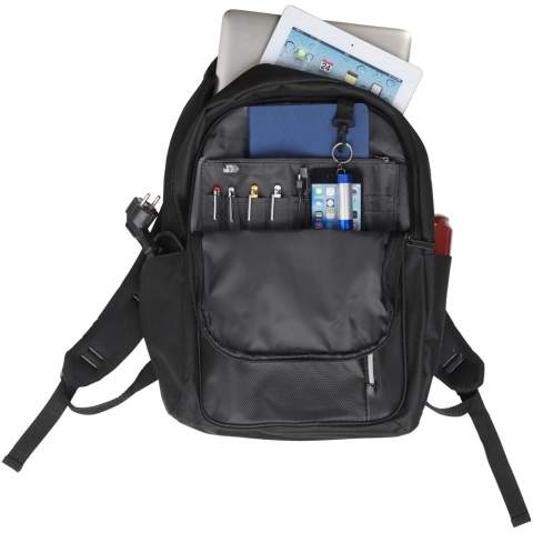 A 15" laptop backpack with multiple pockets, a padded back, and adjustable padded shoulder straps. Equipped with RFID protection and an interior organisation panel, including a key holder. There may be minor variations in the colour of the actual product due to the nature of the fabric dyes, weaves, and printing.