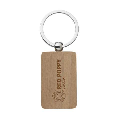 Rechthoekige, beukenhouten sleutelhanger aan stevige sleutelring. Per stuk in kraft envelop.