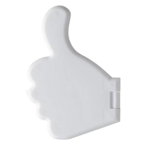 Peppermint dispenser in the shape of a thumb. The opening of the dispenser is at the wrist of the hand. Circa five grams of sugerfree peppermints. Suitable for full-colour digital imprint.