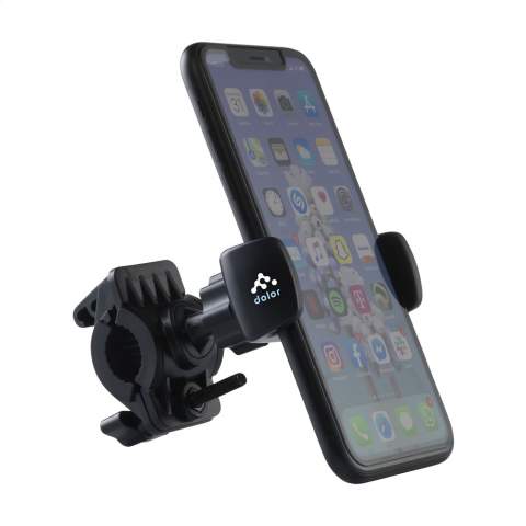 Universal, adjustable phone holder made of sturdy ABS plastic. Easy to attach to the handlebars or the crossbar. This allows you to easily use your smartphone hands-free while cycling. With rubber protection to prevent damage to the bicycle. Suitable for all phones up to a maximum width of 8.8 cm. Each item is individually boxed.
