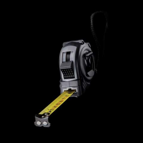 5 metre tape made with RCS (Recycled Claim Standard) certified recycled ABS. Total recycled content: 15% based on total item weight. RCS certification ensures a completely certified supply chain of the recycled materials. With deluxe TRP rubber grip for extra control.  With release/hold button. With 19mm single sided tape, yellow with black carbon steel hook with two integrated magnets. With polyester wrist strap. Packed in FSC® mix kraft packaging<br /><br />TapeLengthMeters: 5.00