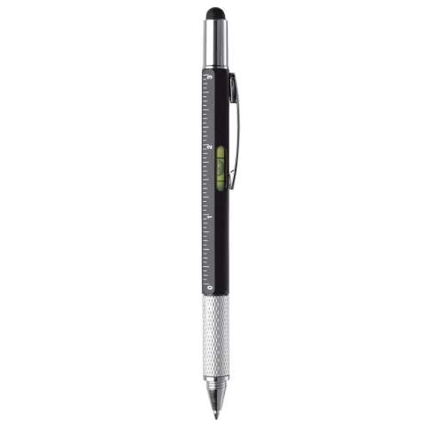 Multifunctionele balpen met stylusfunctie inclusief een waterpas, schroevendraaier en lineaal. Blauwschrijvend.
