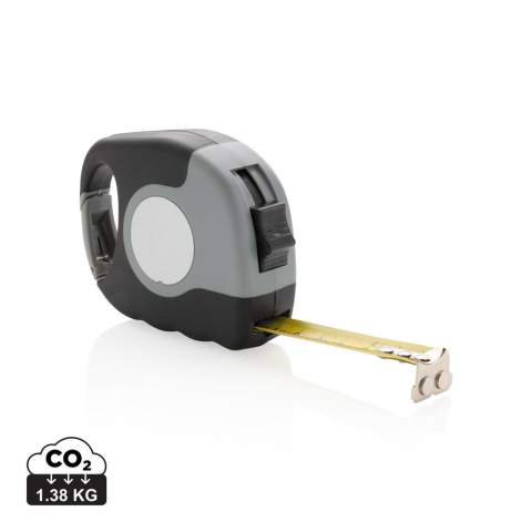 5M/19mm measuring tape, with carabiner, grey ABS case with black TPR grip, black belt clip, black self-lock button, black end hook with 2 strong magnets, yellow tape, matt silver PVC sticker. Registered design®<br /><br />TapeLengthMeters: 5.00
