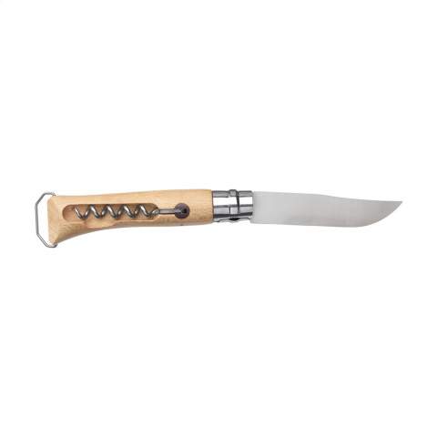 Versatile pocket knife from the Opinel brand. The blade is made from stainless steel. The handle contains a professional, stainless steel corkscrew. A bottle opener is attached to the end of the handle. The handle is made from beech wood, finished with a layer of varnish to protect against moisture and dirt. 95% of this wood comes from French, sustainably managed companies. When opened, the knife has a length of 23 cm and is secured with a Virobloc® system lock. This 3-in-1 knife is ideal for picnics, barbecues or other outdoor meals. Made in France. Please note local rules may apply regarding the possession and/or carrying of knives or multitools in public.