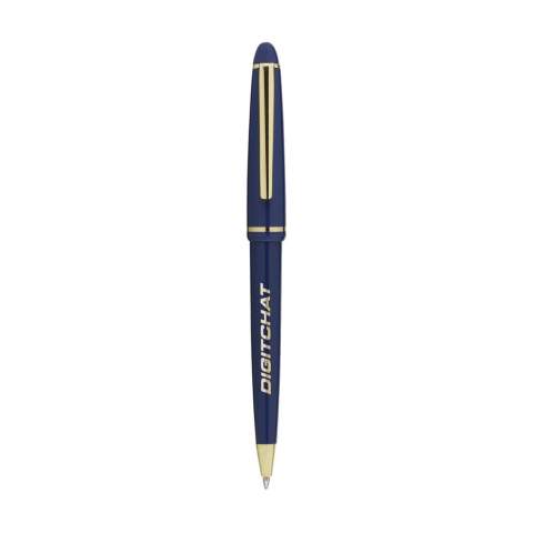 Blauschreibender Kugelschreiber mit poliertem Gehäuse, vergoldetem, zierlichem Clip und Spitze und Druckkappensystem.