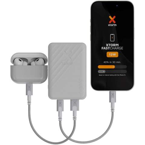 Small and compact 5000 mAh power bank, providing at least one full charge for a smartphone or earbuds. The power bank has 2 USB ports and charges extra fast thanks to the 12W FastCharge technology from Xtorm.