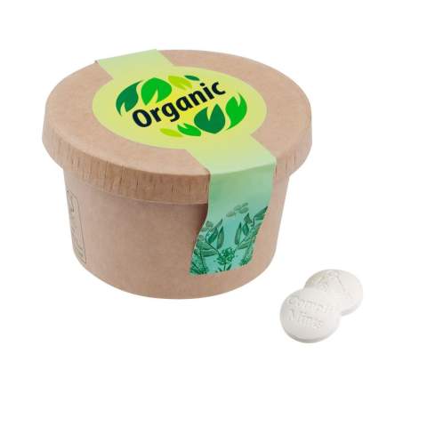 Bekertje van ongebleekt karton, gevuld met ca. 130 gram Compli'mints en voorzien van een full colour sticker met sluitzegel op de deksel
