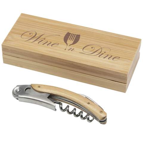Stainless steel waitress knife featuring a corkscrew and a retractable foil knife, with natural bamboo on the handle. The bamboo used is sourced and produced following sustainable standards.
