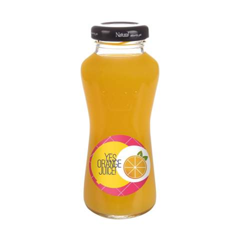200 ml orange juice in a glass bottle with black cap.