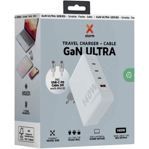 The 140W GaN Ultra travel charger is designed to be more compact and powerful than ever before. With its compact design and dual-port functionality, this travel charger is perfect for your travels, office, or home. With the included EU, UK, and US, AC plug options and the 240W USB-C PD cable (2 metres), you have everything you need to charge your devices all over the world!