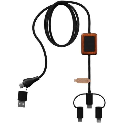 Ladekabel mit Datenübertragungsfunktion und doppeltem, leuchtendem Logo, aus Gummi mit Bambusoberfläche. Das Kabel ist aus nachhaltigen Materialien hergestellt: recyceltem ABS-Kunststoff und rPET aus recycelten Flaschen. Es kann mit Apple CarPlay und Android Auto für Auto-Apps verwendet werden. Dank seines dualen USB-A- und USB-C-Ausgangs ist das Kabel zu 100 % kompatibel mit den neuesten Computern auf dem Markt (USB-C). Das Kabel kann mit zwei leuchtenden Logos (eines auf jeder Seite) individuell gestaltet werden. Länge des Kabels: 1 Meter. Wird in einem TPU-Beutel (17,5 × 5,5 cm) mit einer Papierkarte geliefert. Inklusive 3 Jahre Garantie. 