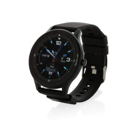 Modern high performance watch with 1.28" round fast responsive full touch screen to track your activities all day long. With high resolution display. Made with RCS (Recycled Claim Standard) certified recycled TPU armband and zinc alloy frame. Total recycled content: 23% based on total item weight. RCS certification ensures a completely certified supply chain of the recycled materials. Features include: Step count, calories, distance, multi-sport (24 types) tracking alarm clock, heart rate tracking, blood pressure monitoring, sleep monitor calendar updates. Notifications: SMS, Facebook, Skype, WhatsApp, Twitter etc. Compatible with Android 4.4 and IOS 8.0 and above. IPX 68 water and dustproof. BT 5.0. Standby time of 25 days and working time up to 7 days. Including clip charger to charge the watch. Packed in FSC® mix kraft packaging. Item and accessories 100% PVC free.<br /><br />HasBluetooth: True<br />PVC free: true