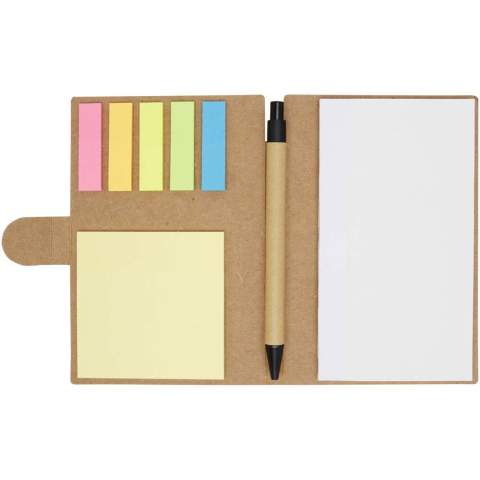 The Swift sticky notes booklet with ballpoint pen is a very handy office essential, with 25 sheets of white 70 g/m2 blank paper (14.1 x 7.8 cm). It also has small (4.5 x 1.2 cm) and big (7.5 x 7.5 cm) coloured sticky notes. The barrel of the ballpoint pen is made of recycled paper. Ink colour: Black. Writing length: 500 metres. Nib size: 1.00 mm.