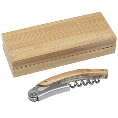 Stainless steel waitress knife featuring a corkscrew and a retractable foil knife, with natural bamboo on the handle. The bamboo used is sourced and produced following sustainable standards.