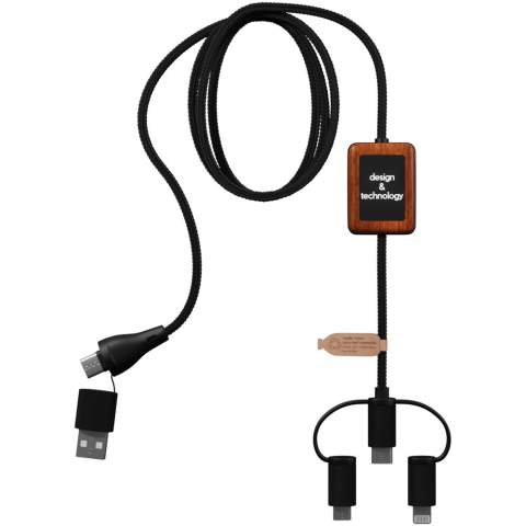 Ladekabel mit Datenübertragungsfunktion und doppeltem, leuchtendem Logo, aus Gummi mit Bambusoberfläche. Das Kabel ist aus nachhaltigen Materialien hergestellt: recyceltem ABS-Kunststoff und rPET aus recycelten Flaschen. Es kann mit Apple CarPlay und Android Auto für Auto-Apps verwendet werden. Dank seines dualen USB-A- und USB-C-Ausgangs ist das Kabel zu 100 % kompatibel mit den neuesten Computern auf dem Markt (USB-C). Das Kabel kann mit zwei leuchtenden Logos (eines auf jeder Seite) individuell gestaltet werden. Länge des Kabels: 1 Meter. Wird in einem TPU-Beutel (17,5 × 5,5 cm) mit einer Papierkarte geliefert. Inklusive 3 Jahre Garantie. 