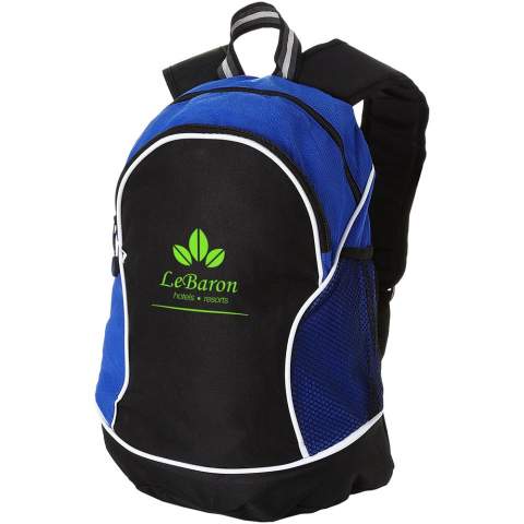 The Boomerang is an eye-catching promotional backpack and is available in several striking colour combinations. With its main zippered compartment, and a front zippered pocket, including a convenient interior organization, the sporty-looking backpack offers plenty of room for carrying large and small items. The side mesh pocket also holds space for small items. It has padded, adjustable shoulder pads and therefore fits every adult. The Boomerang backpack is made of durable 600D polyester, and non-woven polypropylene (80 g/m²).