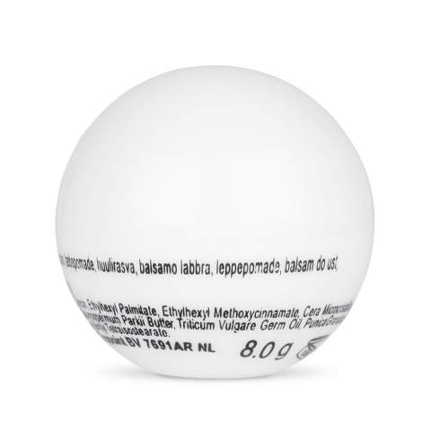 Baume à lèvres dans une boule de différentes couleurs opaque. L'ouverture se fait en dévissant les deux parties de la boule. Le dessous de la boule est plat ce qui la rend stable lorsqu’on la pose sur une table.