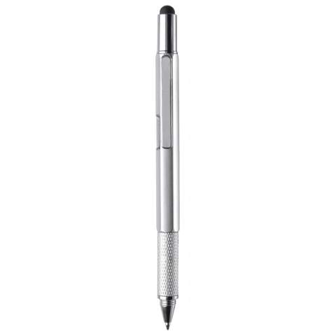 Stylo bille multifonction avec pointe pour écran tactile, un niveau à bulle, tournevis plat et règle. Equipé d'une cartouche d'encre bleue.