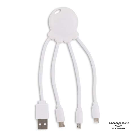 De Eco Octopus oplaadkabel is gemaakt van RPET (kabels) en gerecycled plastic (behuizing). Met één USB-ingang en drie verschillende connectoren kun je je apparaten op een milieuvriendelijke manier opladen. Op je bureau, in de auto, in je tas of op vakantie; deze multi-oplaadkabel komt altijd van pas! Het totale gerecyclede materiaal is 61% op basis van het gewicht van het artikel. De kabel is verpakt in een duurzame FSC-gecertificeerde papieren envelop.