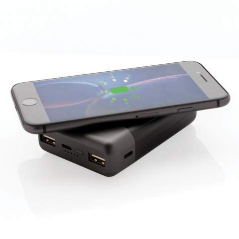 The powerbank that includes all functionality that you need in a powerbank. The pocket size powerbank can be charged wirelessly by placing the back on a wireless charger. On the other side, the front can be used to wirelessly (5W) charge your mobile device by placing it on the wireless charging surface with silicone ring. Wireless charging compatible with Android latest generations, iPhone 8 and up. For charging via cable the powerbank offers dual USB output and three input options:Micro/Type C input/ Apple Lightning. The powerbank contains a long-lasting grade A 10.000 mAh high density lithium polymer battery. Dual USB Outputs: 5V/2A Micro/Type C Input: 5V/2A; Lightning Input: 5V/1A.  Wireless output 5V/1A.<br /><br />WirelessCharging: true<br />PowerbankCapacity: 10000