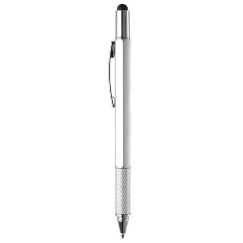 Stylo bille multifonction avec pointe pour écran tactile, un niveau à bulle, tournevis plat et règle. Equipé d'une cartouche d'encre bleue.