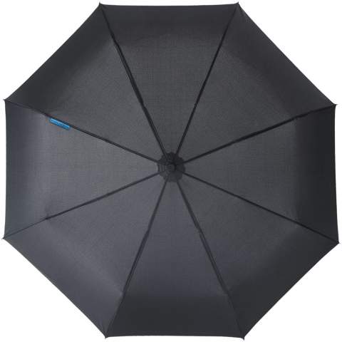Exclusive design automatic open and close 3-section umbrella. Metal black shaft, fiberglass ribs and rubber coated plastic handle. Supplied with matching canopy colour pouch. Folds up to 31cm.