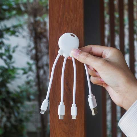 De Eco Octopus oplaadkabel is gemaakt van RPET (kabels) en gerecycled plastic (behuizing). Met één USB-ingang en drie verschillende connectoren kun je je apparaten op een milieuvriendelijke manier opladen. Op je bureau, in de auto, in je tas of op vakantie; deze multi-oplaadkabel komt altijd van pas! Het totale gerecyclede materiaal is 61% op basis van het gewicht van het artikel. De kabel is verpakt in een duurzame FSC-gecertificeerde papieren envelop.