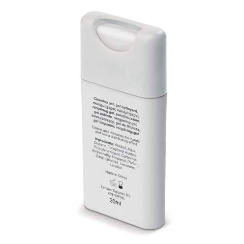 Spray nettoyant de 20 mL pour les mains avec 62% d'alcool. Existe en une multitude de couleur. Ce petit format est idéal pour être emmené partout. Le produit n'est pas rechargeable. Le marquage est réalisé sur la 1ere face du produit en digital (quadri) ou en tampographie (4 couleurs pantones). Tous nos produits sont testés et certifiés, et répondent  aux normes sociales. 