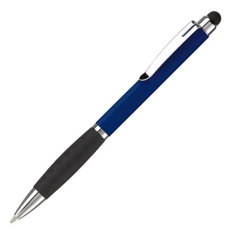 Kunststoff Touch Screen Pen-Toppoint Design. Metallclip und schwarze Gummimanschette. Drehmechanik. Blauschreibend. 