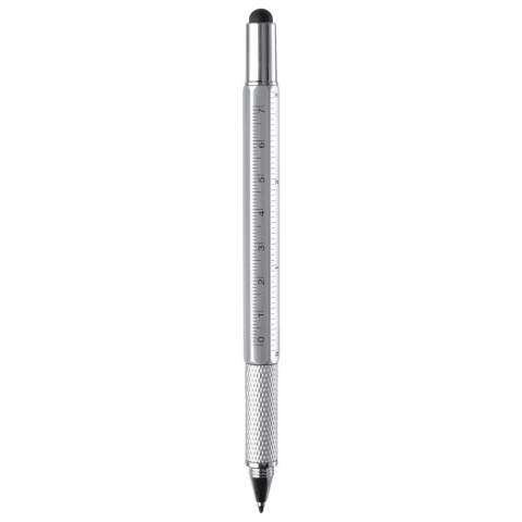 Stylo bille multifonction avec pointe pour écran tactile, un niveau à bulle, tournevis plat et règle. Equipé d'une cartouche d'encre bleue.