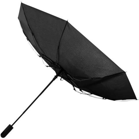Parapluie 3 sections au design exclusif avec ouverture et fermeture automatique. Mât métal noir, baleines de fibre de verre et poignée en plastique revêtue de caoutchouc. Le parapluie est présenté dans une pochette assortie à la toile. Se replie à 31 cm.
