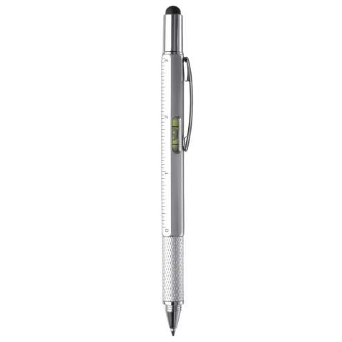 Stylo bille multifonction avec pointe pour écran tactile, un niveau à bulle, tournevis plat et règle. Equipé d'une cartouche d'encre bleue.