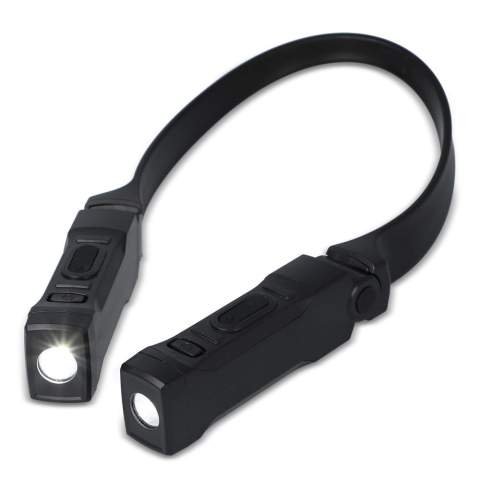 Lampe de cou rechargeable mains libres avec deux lumières SMD offrant 80 lumens. Trois modes disponibles : 100 %, 50 % et éteint. Légère et pratique pour les tâches nécessitant un éclairage mains libres.