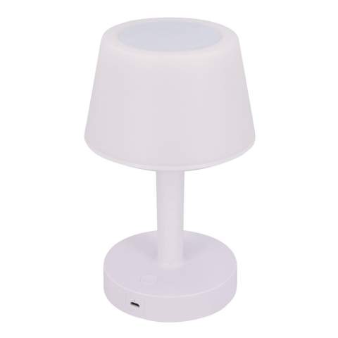 Beleuchten Sie Ihre Umgebung, bewerben Sie Ihre Marke und hören Sie Ihre Lieblingsmusik. Diese modische 3-in-1-Lampe mit Stimmungslicht und Lautsprecher wird über eine Touch-Steuerung bedient und verfügt über mehrere voreingestellte Lichtmodi. Die Beleuchtung besteht aus dimmbarem LED-Licht in 7 verschiedenen Farben. Batterielebensdauer: Licht nur 8-10 Stunden, Lautsprecher nur 2-4 Stunden, Licht und Lautsprecher 2-3 Stunden.