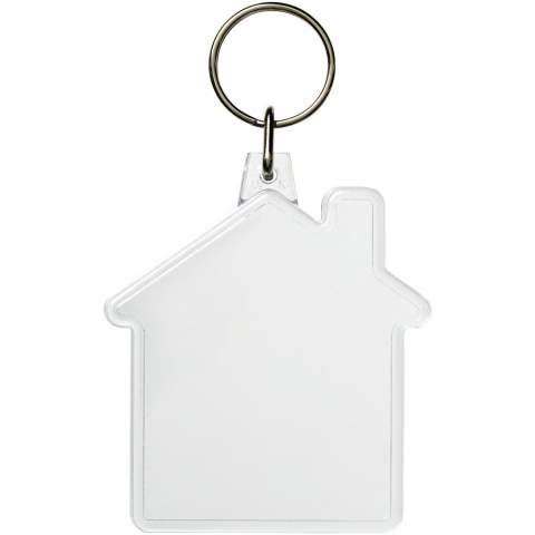 Transparenter Schlüsselanhänger in Hausform mit metallenem Schlüsselring. Der Metallring bietet ein flaches Profil, das sich ideal für Mailings eignet. Abmessungen der Druckeinlage: 5,9 cm x 5,6 cm.