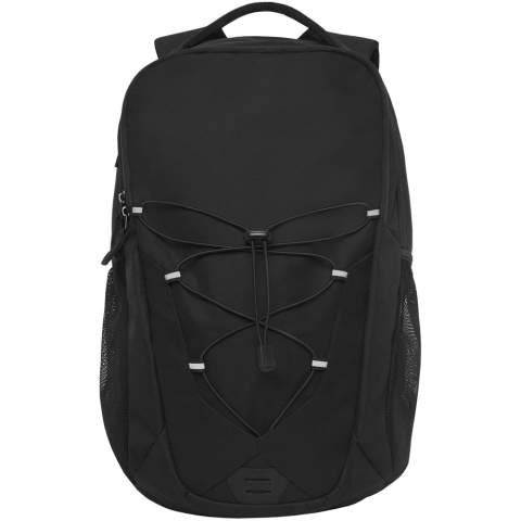 A mix of an outdoor and daily backpack with coloured facing and elastic cord with reflective accents on the front panel. Features two external water bottle meshed pockets, front compartment with several small divisions, a hook for easy storage, and a 12" tablet sleeve. The backpack has a padded reinforced handle and a comfortable padded back. Fits a 15.6" laptop in a padded sleeve inside the main compartment.