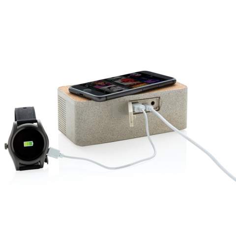 This sleek looking wheat straw (35% wheat fiber mixed with ABS) and cork wireless charging speaker enables you to combine listening to your favorite tunes while charging your phone wirelessly. Simply connect the included 150 cm Type C cable to your charger at home or in the office and you are ready to go. It contains a 5W wireless speaker and a 5W wireless charger on top with a Type C input port and AUX port.  The speaker has a 1200 mAh battery and BT 5.0 that allows a playtime up to 4 hours and operating distance up to 10 metres. When using both functions make sure the item is connected to a power source.<br /><br />HasBluetooth: True<br />WirelessCharging: true<br />PowerbankCapacity: 1200<br />NumberOfSpeakers: 1<br />SpeakerOutputW: 5.00