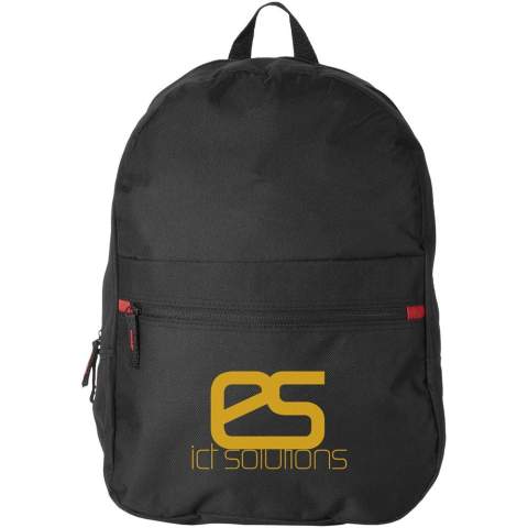 The Vancouver backpack is a simple backpack with many options for printing a logo or other corporate message. The bag is made of 600D polyester, a strong material suitable for high quality backpacks. The bag has a zippered main compartment for the large items, while the zippered front pocket is useful for the smaller items. Thanks to the adjustable padded shoulder straps, this backpack fits every adult or child. Next to this, the Vancouver backpack is easy to carry via the top carry handle.