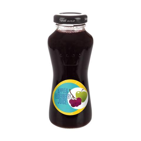 200 ml apple & elderberry juice in a glass bottle with black cap.