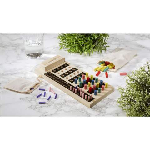 WoW! This game consists of a game board made of pine wood and 140 pawns in various colours and in 2 sizes. The pawns are made from FSC 100% bamboo and come in a cotton pouch - sorted by size. Incl. instructions. This game is a fun brain teaser for two people. Can you discover the secret code? Items supplied as a set in a brown cardboard box.