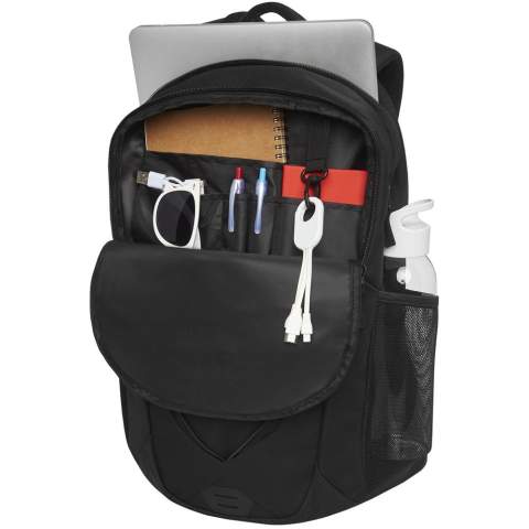 A mix of an outdoor and daily backpack with coloured facing and elastic cord with reflective accents on the front panel. Features two external water bottle meshed pockets, front compartment with several small divisions, a hook for easy storage, and a 12" tablet sleeve. The backpack has a padded reinforced handle and a comfortable padded back. Fits a 15.6" laptop in a padded sleeve inside the main compartment.