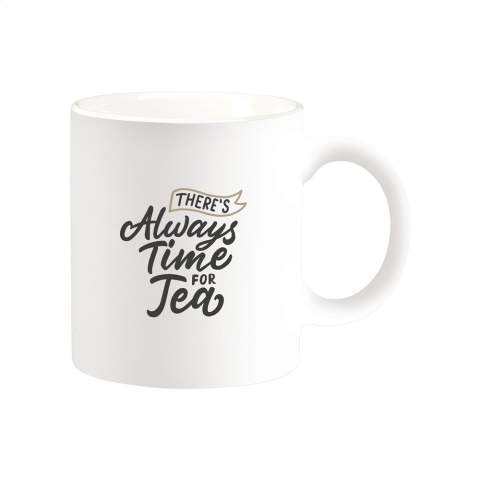 High quality ceramic mug. In all white or with a coloured exterior. Dishwasher safe. The imprint is dishwasher tested and certified: EN 12875-2. Capacity 350 ml.