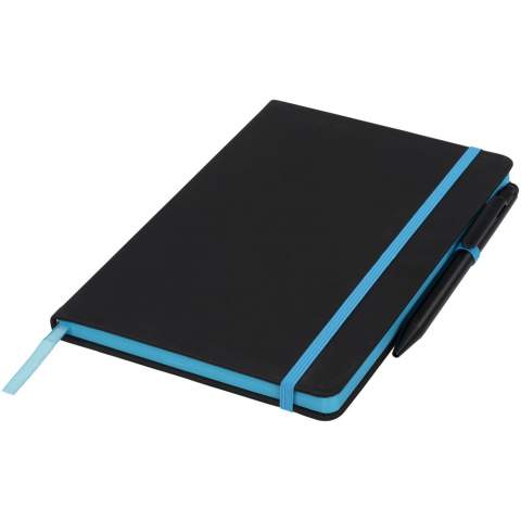 Modern and stylish black notebook, with a soft-feel tactile cover. Supplied with coloured edging and matching coloured page marker, pen loop and closure strap. Supplied with a plain black stylus ballpoint pen. Inlcudes 96 sheets (70g/m2) cream lined paper.